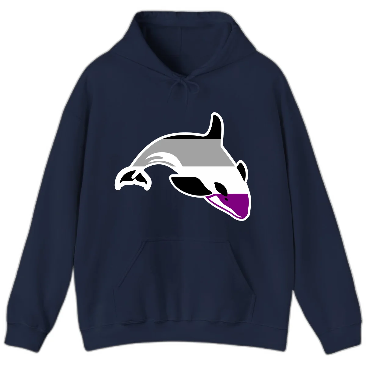 Minimalist line-art illustration of an orca whale in profile with white outlines, black markings, and a purple accent on the lower jaw in Navy