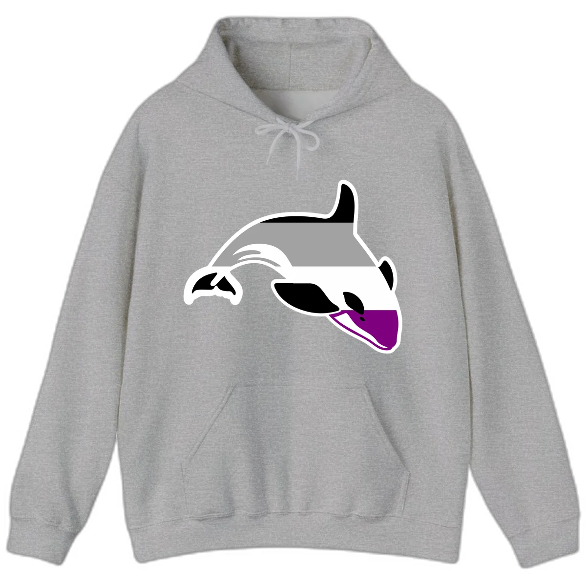 Minimalist line-art illustration of an orca whale in profile with white outlines, black markings, and a purple accent on the lower jaw in Sport Grey