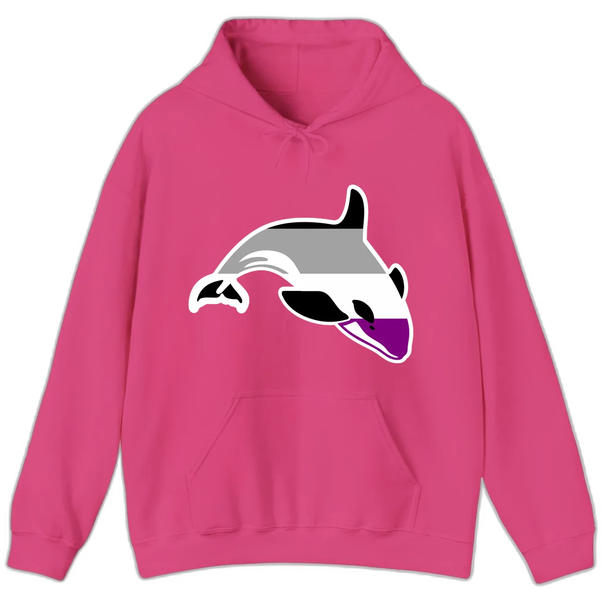 Minimalist line-art illustration of an orca whale in profile with white outlines, black markings, and a purple accent on the lower jaw in Heliconia