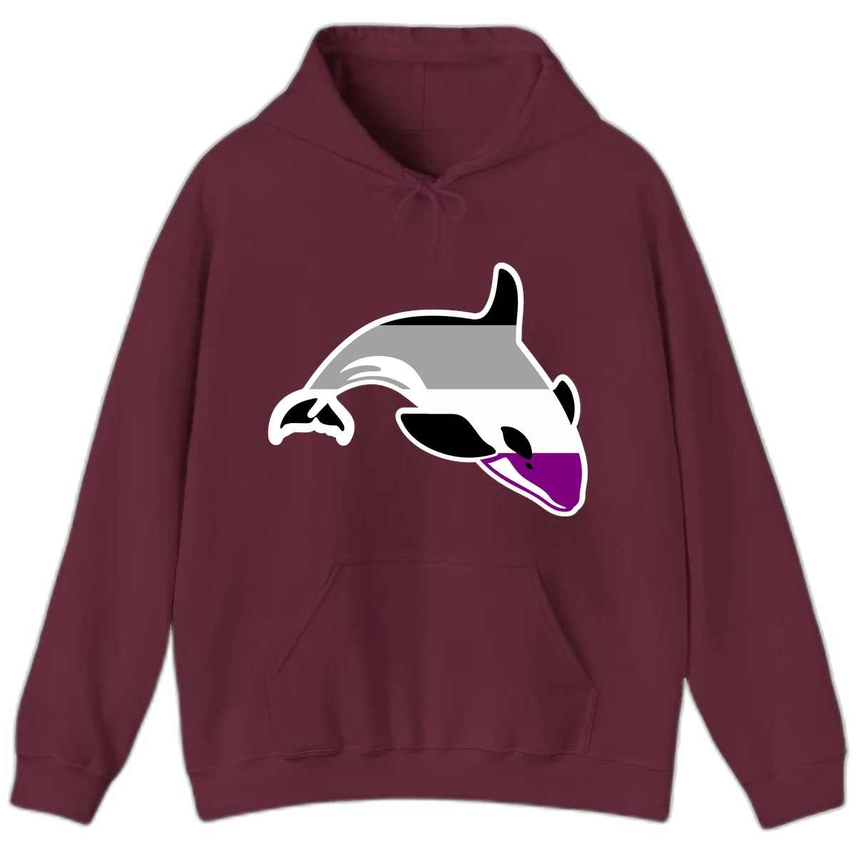 Minimalist line-art illustration of an orca whale in profile with white outlines, black markings, and a purple accent on the lower jaw in Maroon