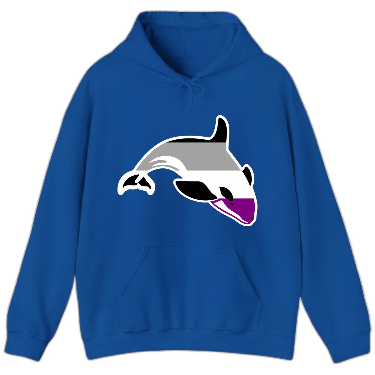 Minimalist line-art illustration of an orca whale in profile with white outlines, black markings, and a purple accent on the lower jaw in Royal