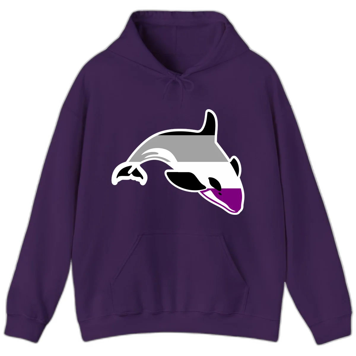 Minimalist line-art illustration of an orca whale in profile with white outlines, black markings, and a purple accent on the lower jaw in Purple