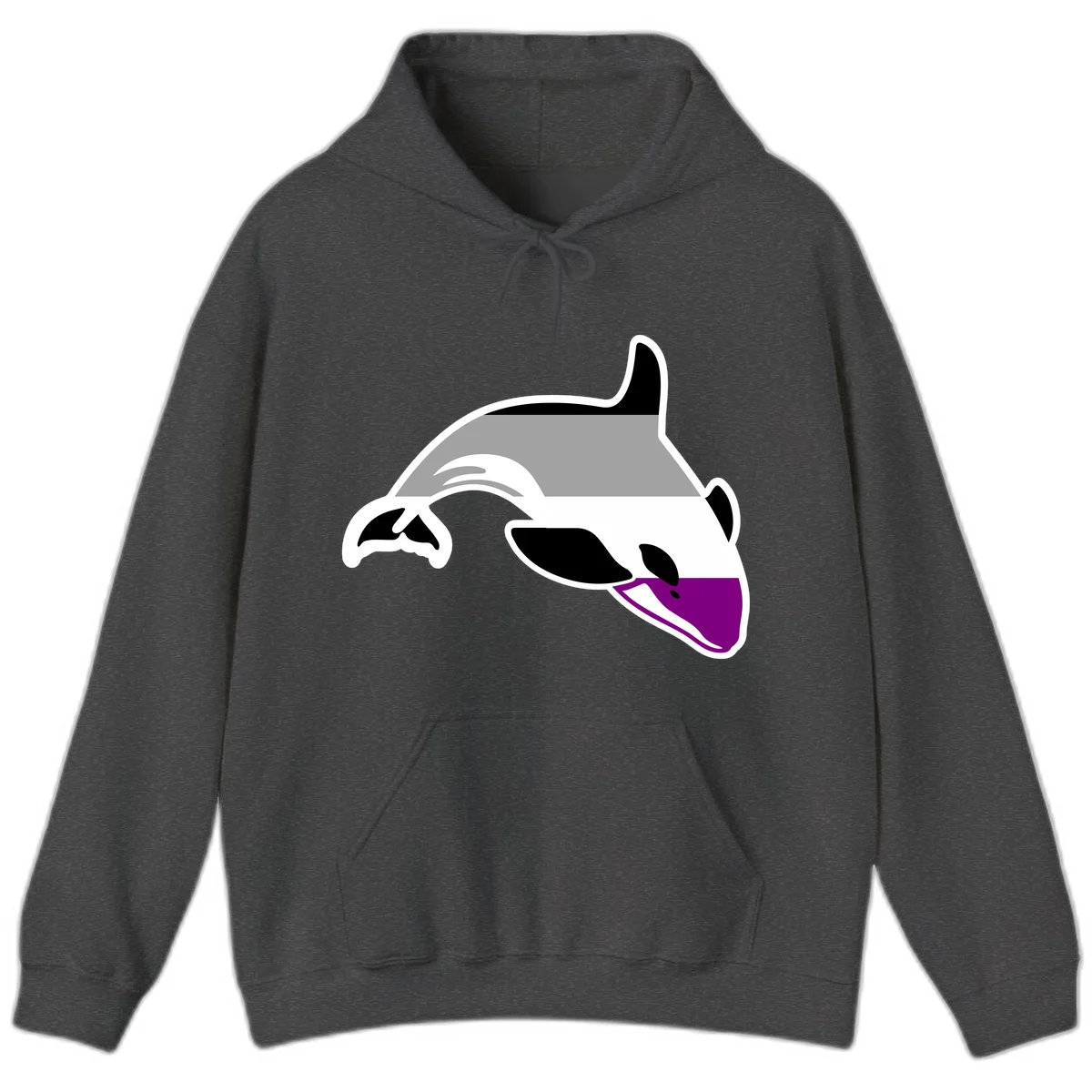 Minimalist line-art illustration of an orca whale in profile with white outlines, black markings, and a purple accent on the lower jaw in Dark Heather