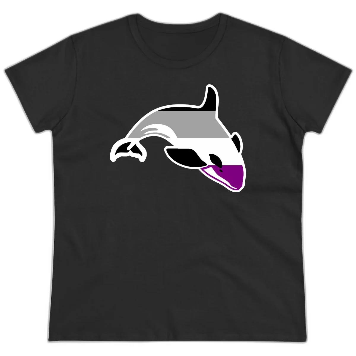 Minimalist line-art illustration of an orca whale in profile with white outlines, black markings, and a purple accent on the lower jaw in Black