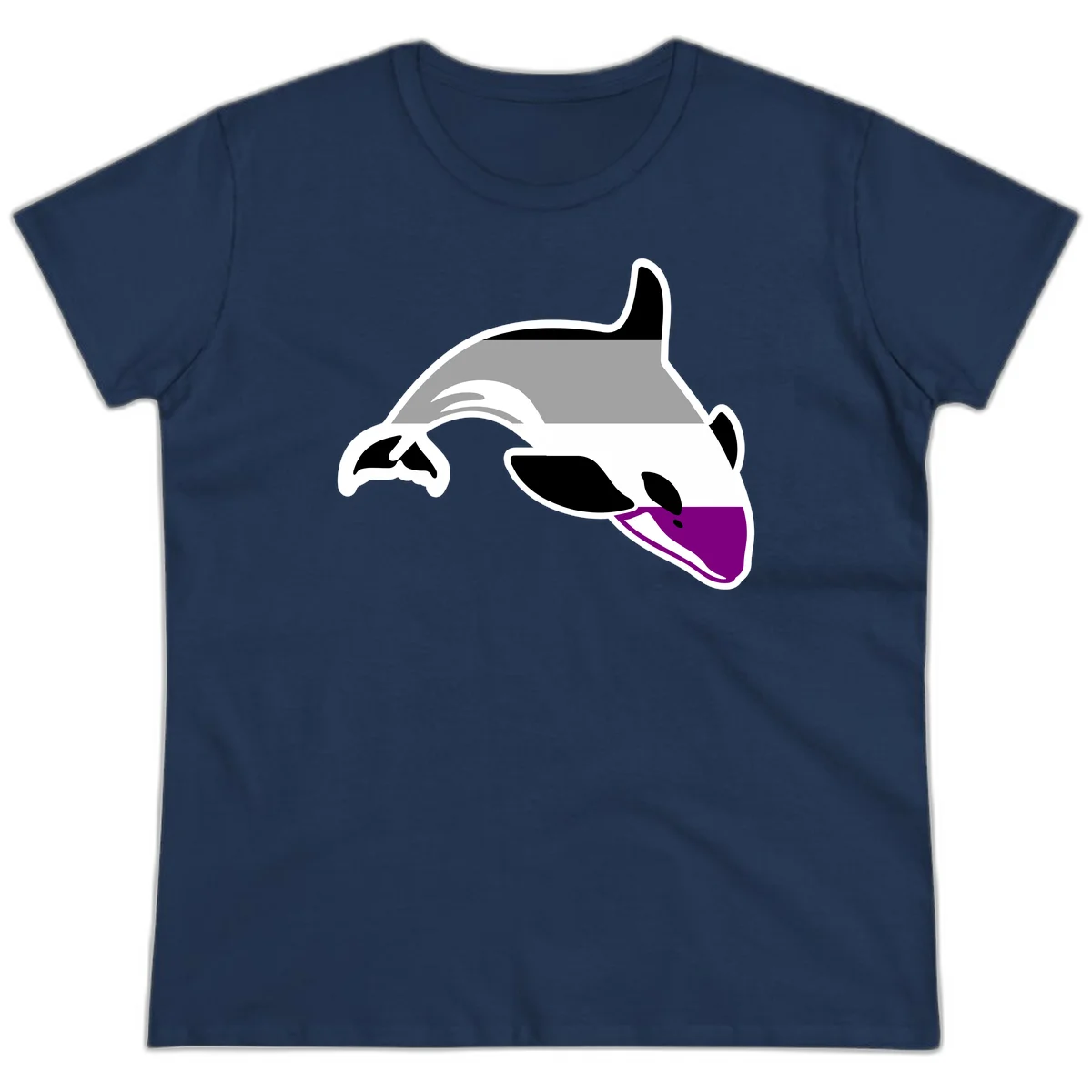 Minimalist line-art illustration of an orca whale in profile with white outlines, black markings, and a purple accent on the lower jaw in Navy