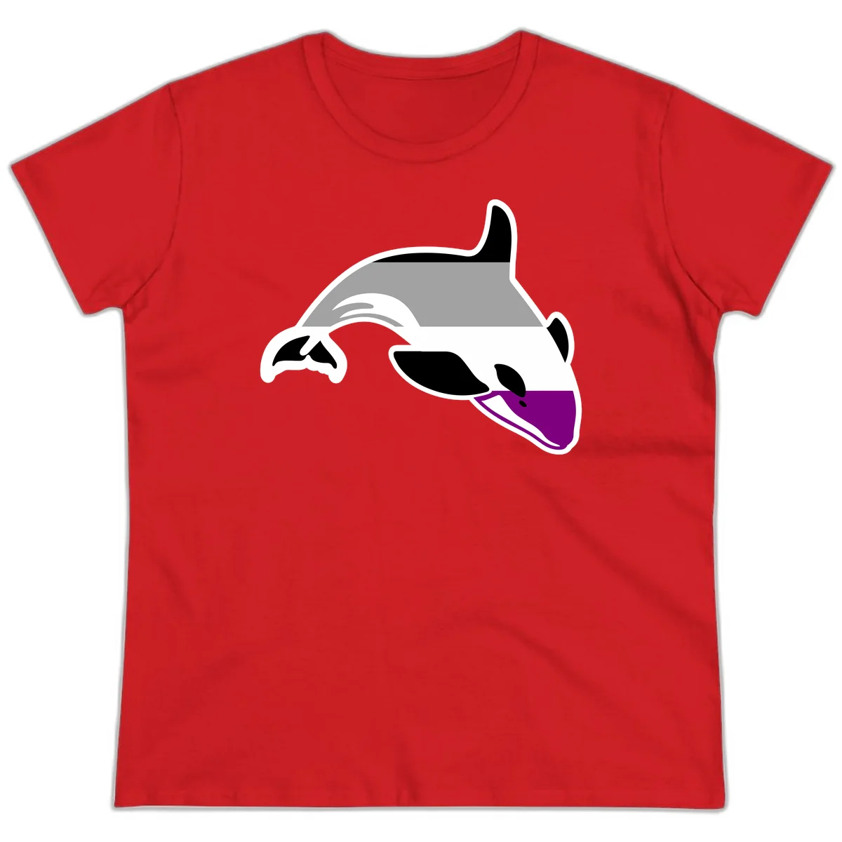 Minimalist line-art illustration of an orca whale in profile with white outlines, black markings, and a purple accent on the lower jaw in Red