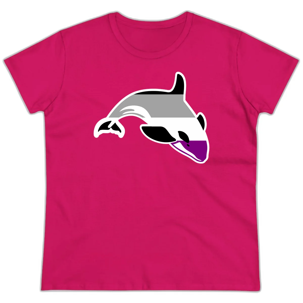 Minimalist line-art illustration of an orca whale in profile with white outlines, black markings, and a purple accent on the lower jaw in Heliconia