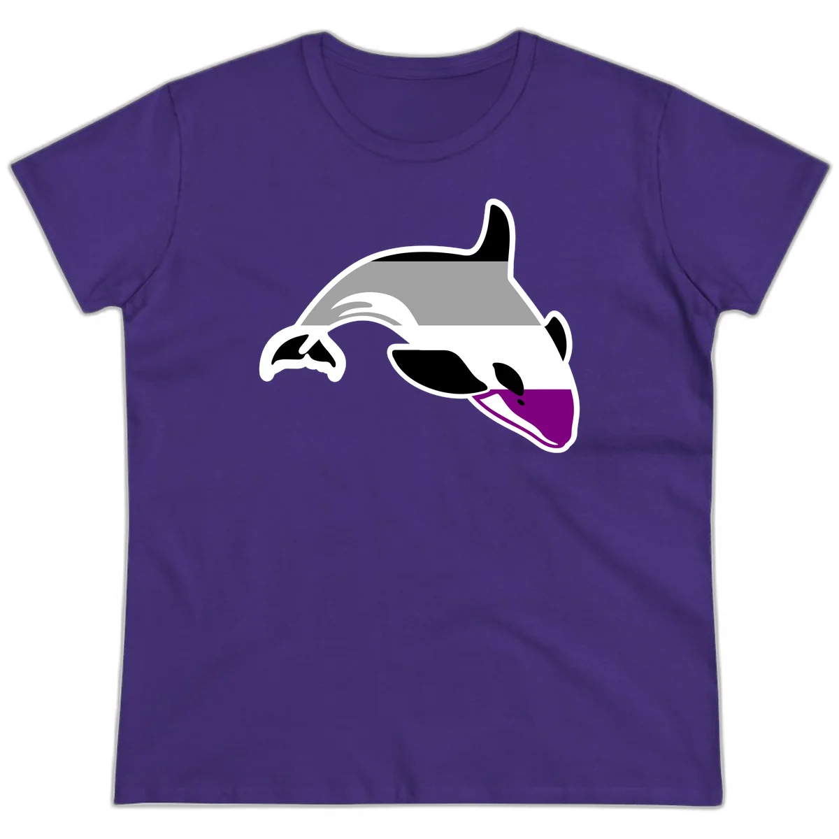 Minimalist line-art illustration of an orca whale in profile with white outlines, black markings, and a purple accent on the lower jaw in Purple