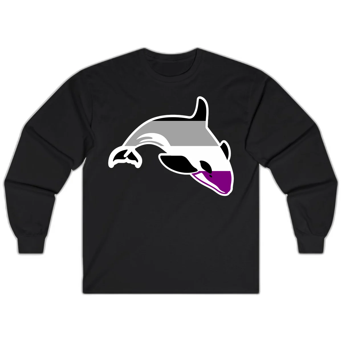Minimalist line-art illustration of an orca whale in profile with white outlines, black markings, and a purple accent on the lower jaw in Black