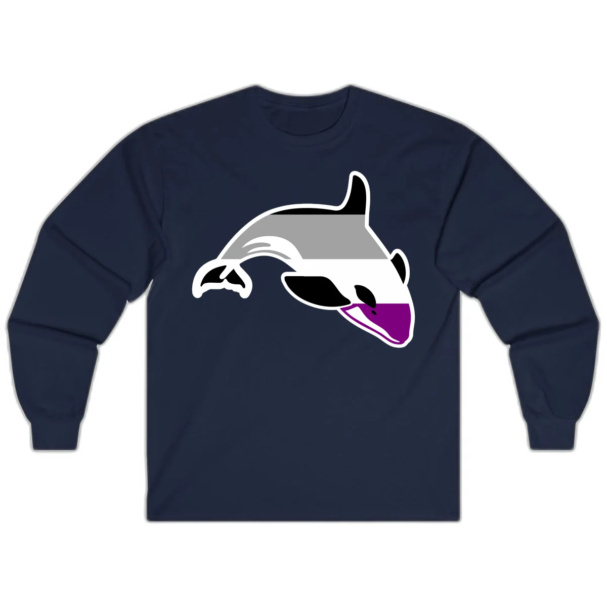 Minimalist line-art illustration of an orca whale in profile with white outlines, black markings, and a purple accent on the lower jaw in Navy