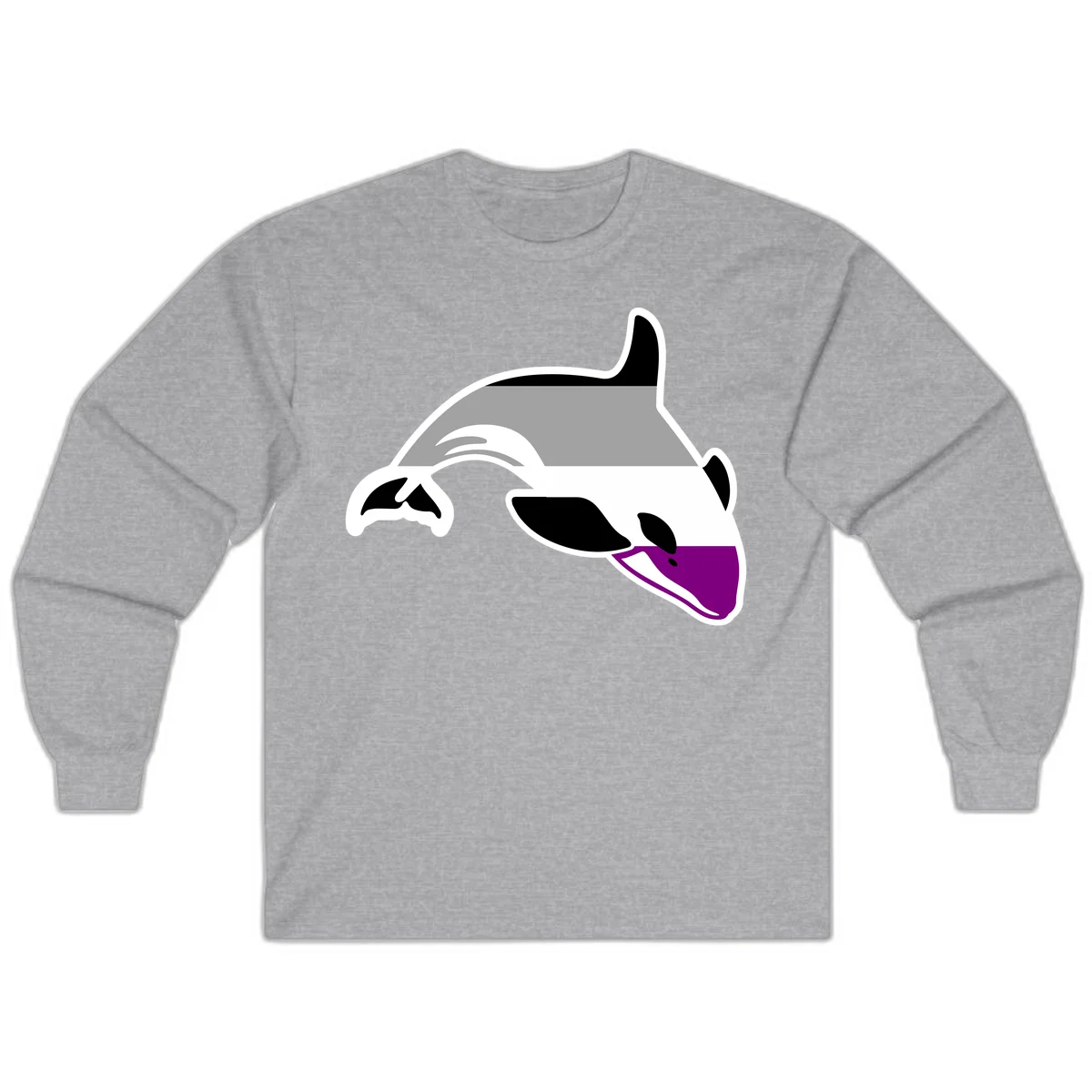 Minimalist line-art illustration of an orca whale in profile with white outlines, black markings, and a purple accent on the lower jaw in Sport Grey