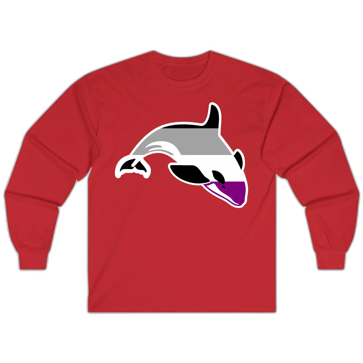 Minimalist line-art illustration of an orca whale in profile with white outlines, black markings, and a purple accent on the lower jaw in Red