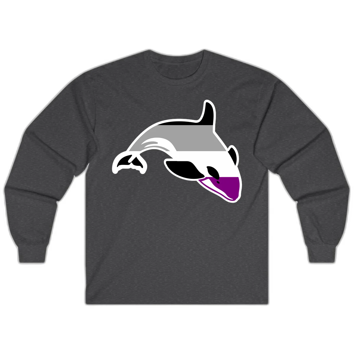 Minimalist line-art illustration of an orca whale in profile with white outlines, black markings, and a purple accent on the lower jaw in Dark Heather