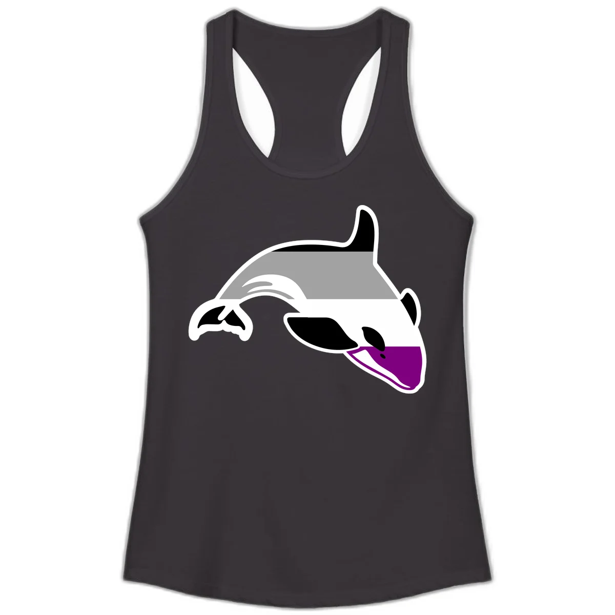 Minimalist line-art illustration of an orca whale in profile with white outlines, black markings, and a purple accent on the lower jaw in Black
