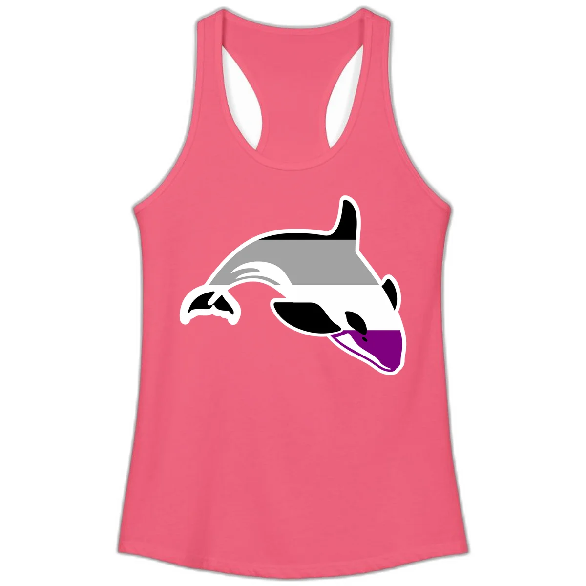 Minimalist line-art illustration of an orca whale in profile with white outlines, black markings, and a purple accent on the lower jaw in Hot Pink