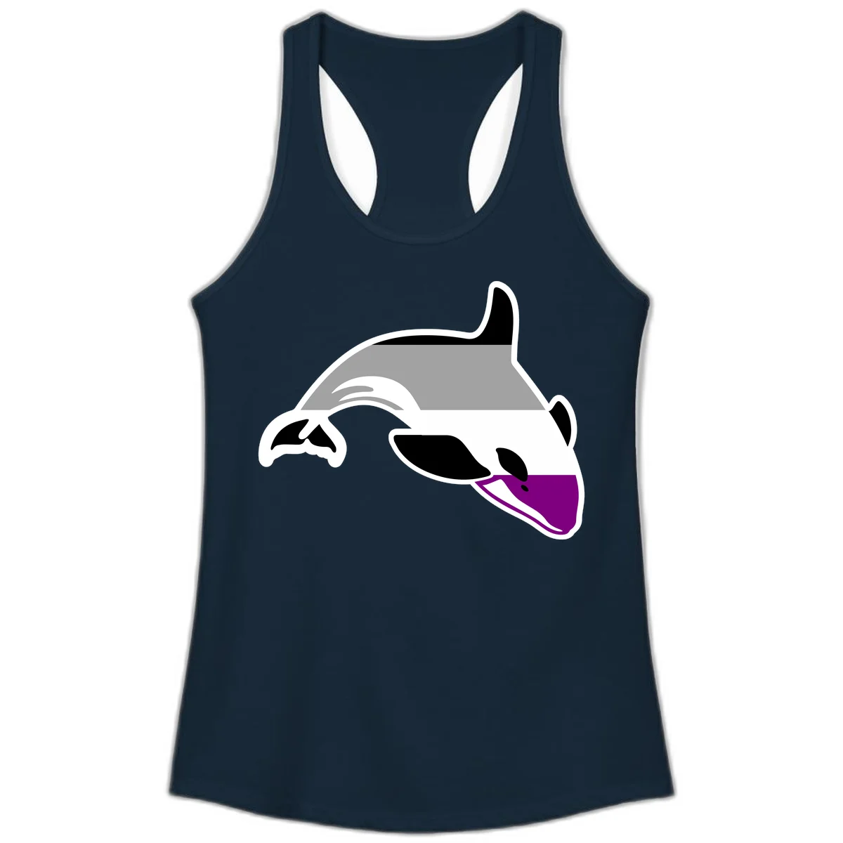 Minimalist line-art illustration of an orca whale in profile with white outlines, black markings, and a purple accent on the lower jaw in Solid Midnight Navy