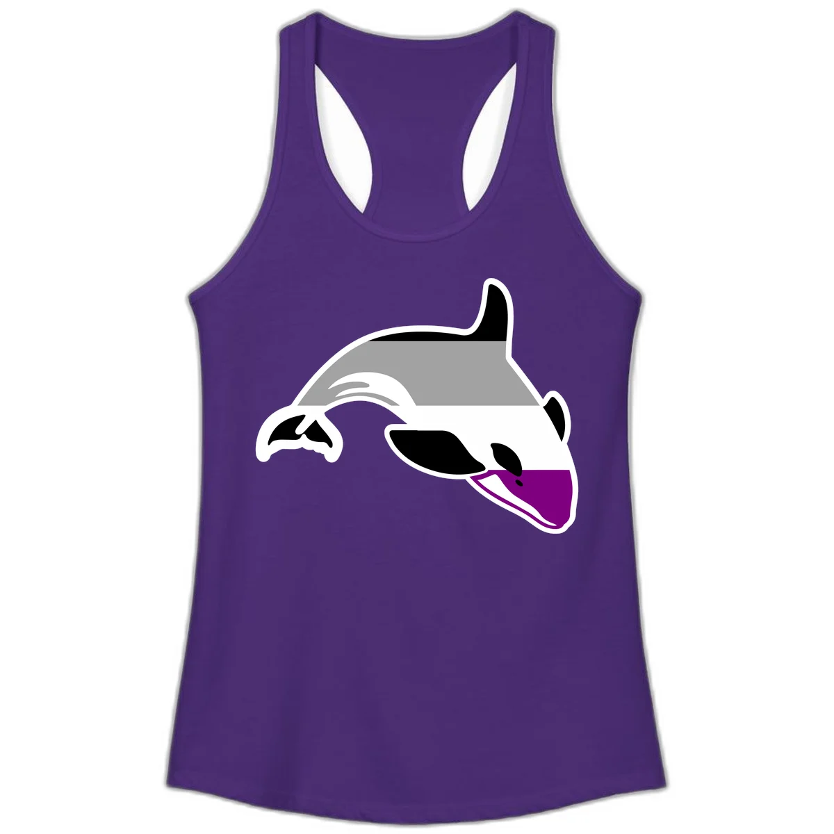 Minimalist line-art illustration of an orca whale in profile with white outlines, black markings, and a purple accent on the lower jaw in Solid Purple Rush
