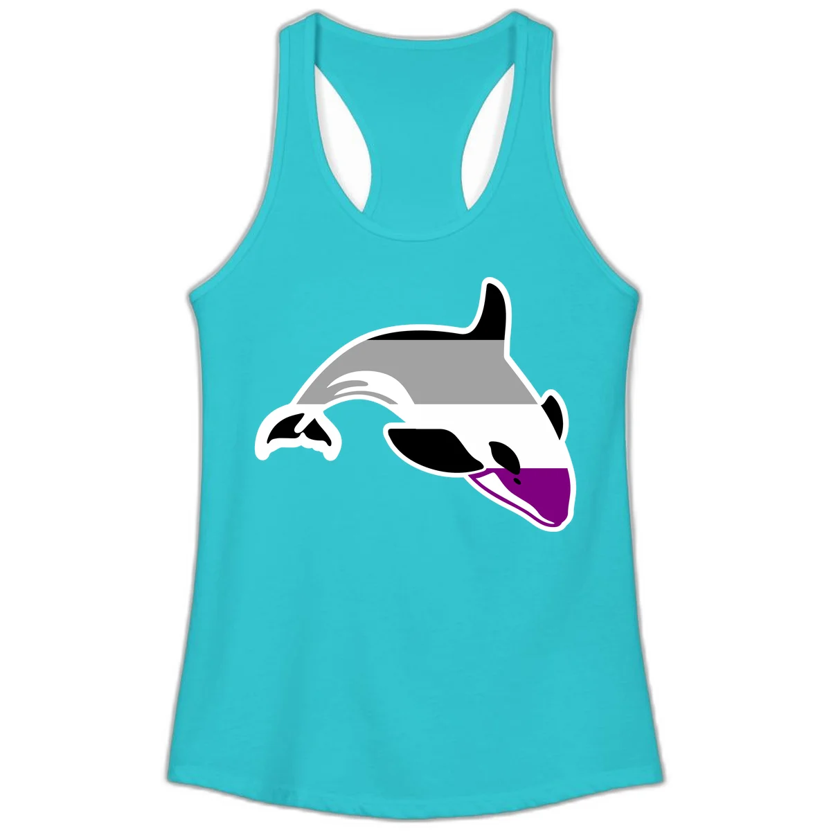 Minimalist line-art illustration of an orca whale in profile with white outlines, black markings, and a purple accent on the lower jaw in Solid Tahiti Blue