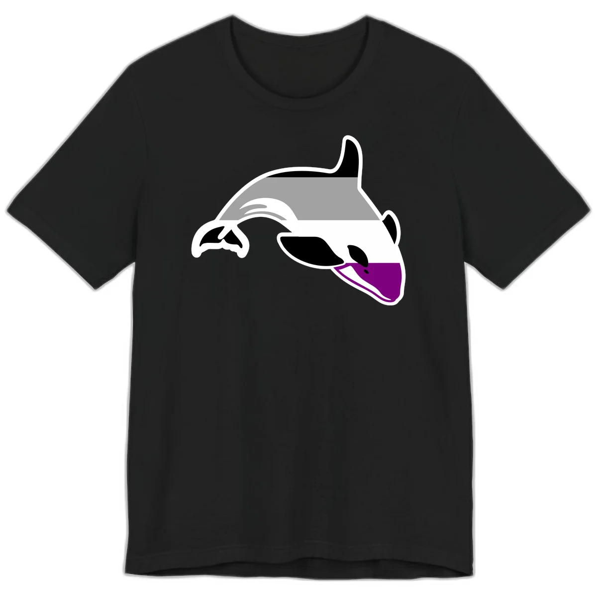 Minimalist line-art illustration of an orca whale in profile with white outlines, black markings, and a purple accent on the lower jaw in Black