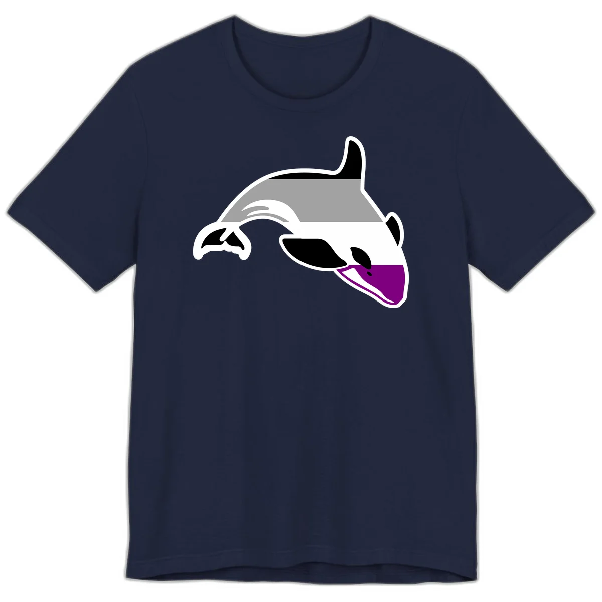 Minimalist line-art illustration of an orca whale in profile with white outlines, black markings, and a purple accent on the lower jaw in Navy