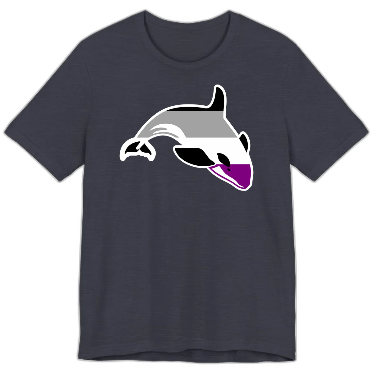 Minimalist line-art illustration of an orca whale in profile with white outlines, black markings, and a purple accent on the lower jaw in Heather Midnight Navy