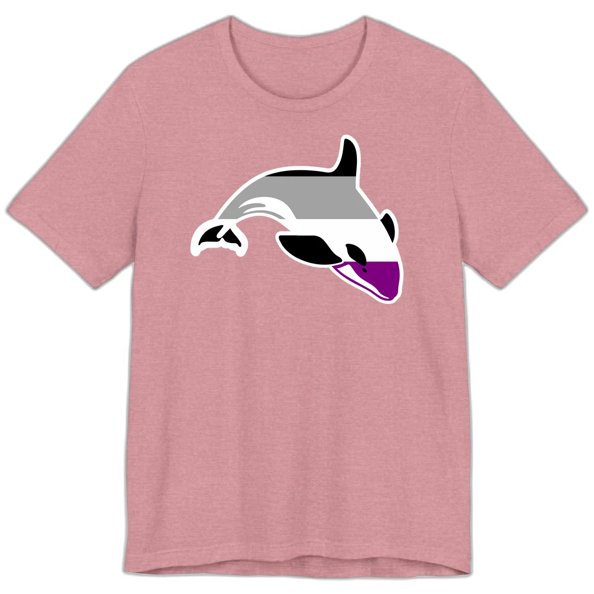 Minimalist line-art illustration of an orca whale in profile with white outlines, black markings, and a purple accent on the lower jaw in Heather Orchid