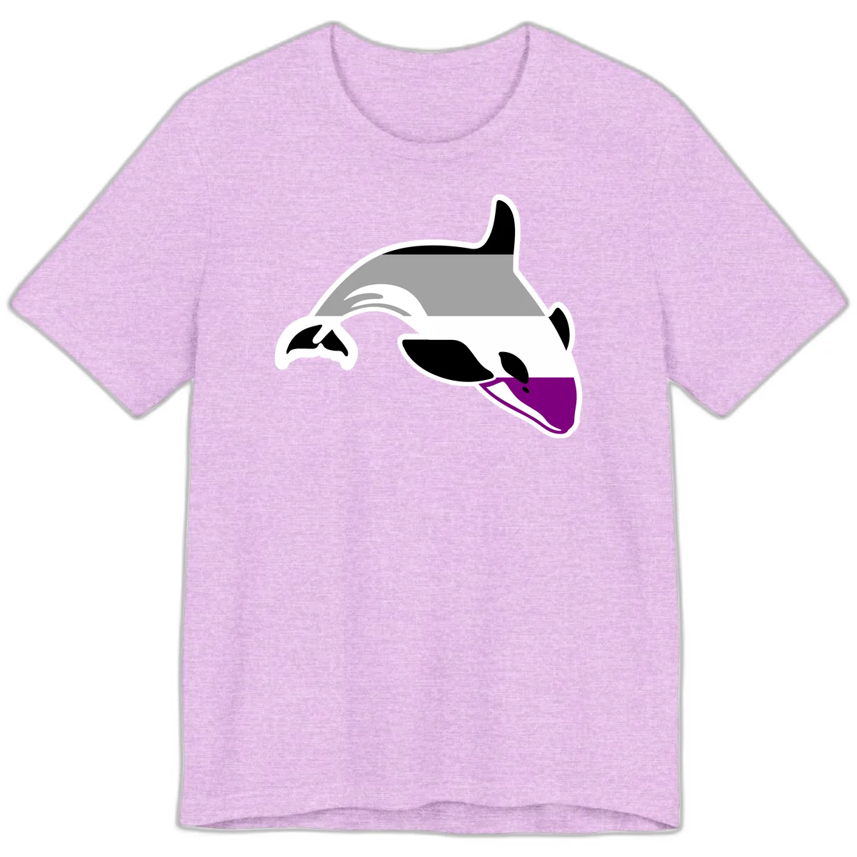 Minimalist line-art illustration of an orca whale in profile with white outlines, black markings, and a purple accent on the lower jaw in Heather Prism Lilac