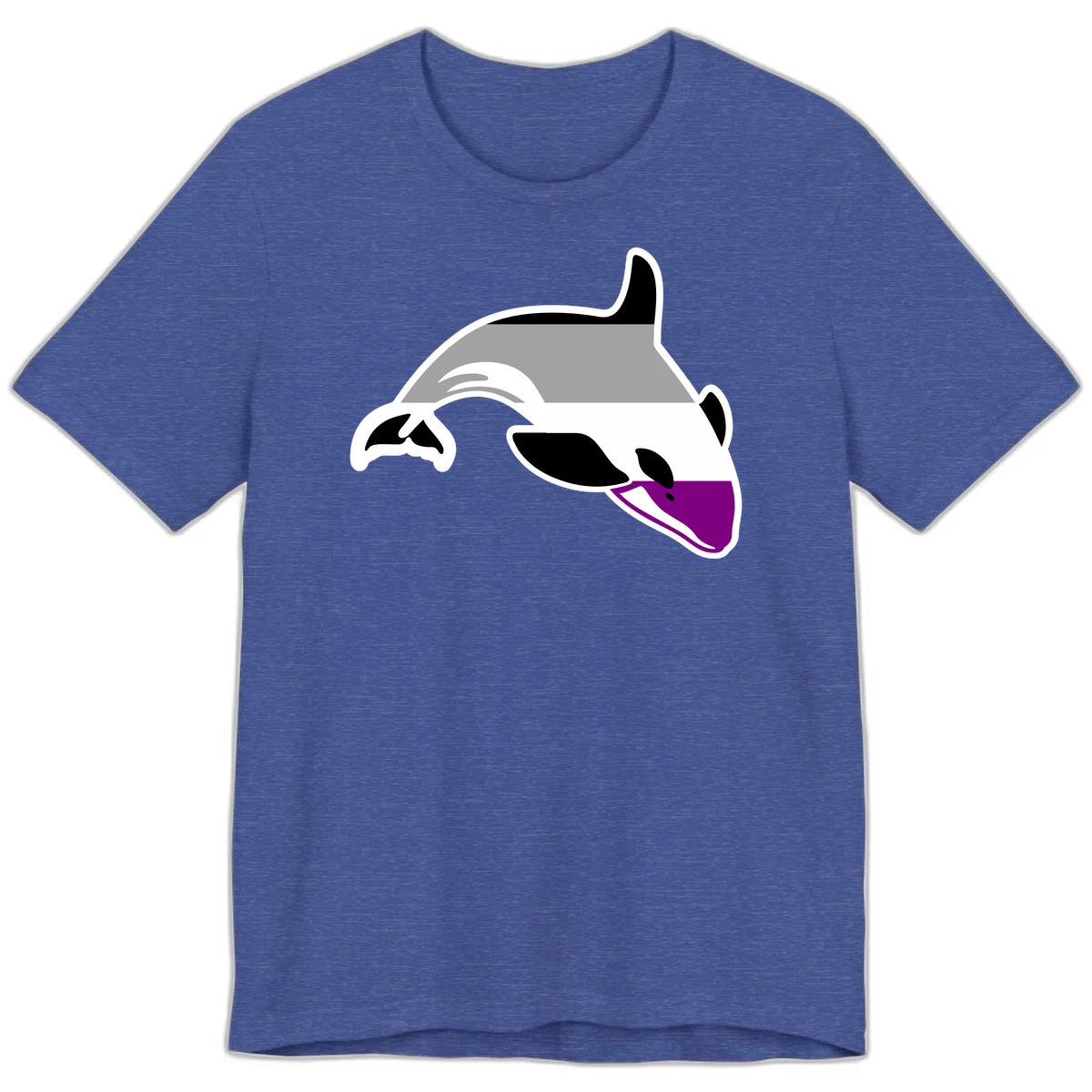 Minimalist line-art illustration of an orca whale in profile with white outlines, black markings, and a purple accent on the lower jaw in Heather True Royal