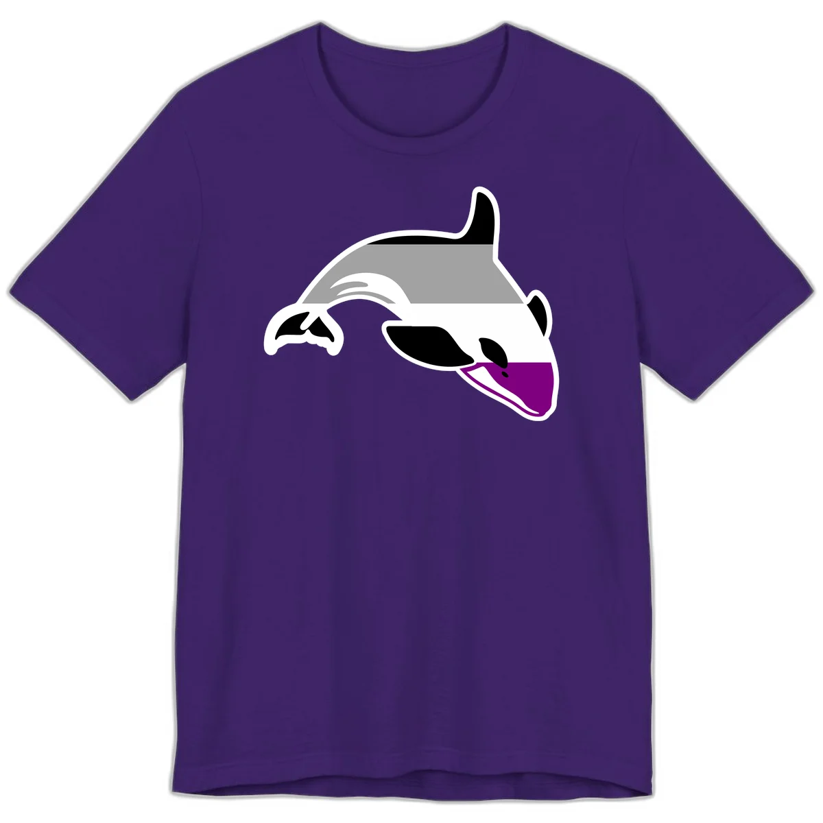 Minimalist line-art illustration of an orca whale in profile with white outlines, black markings, and a purple accent on the lower jaw in Team Purple
