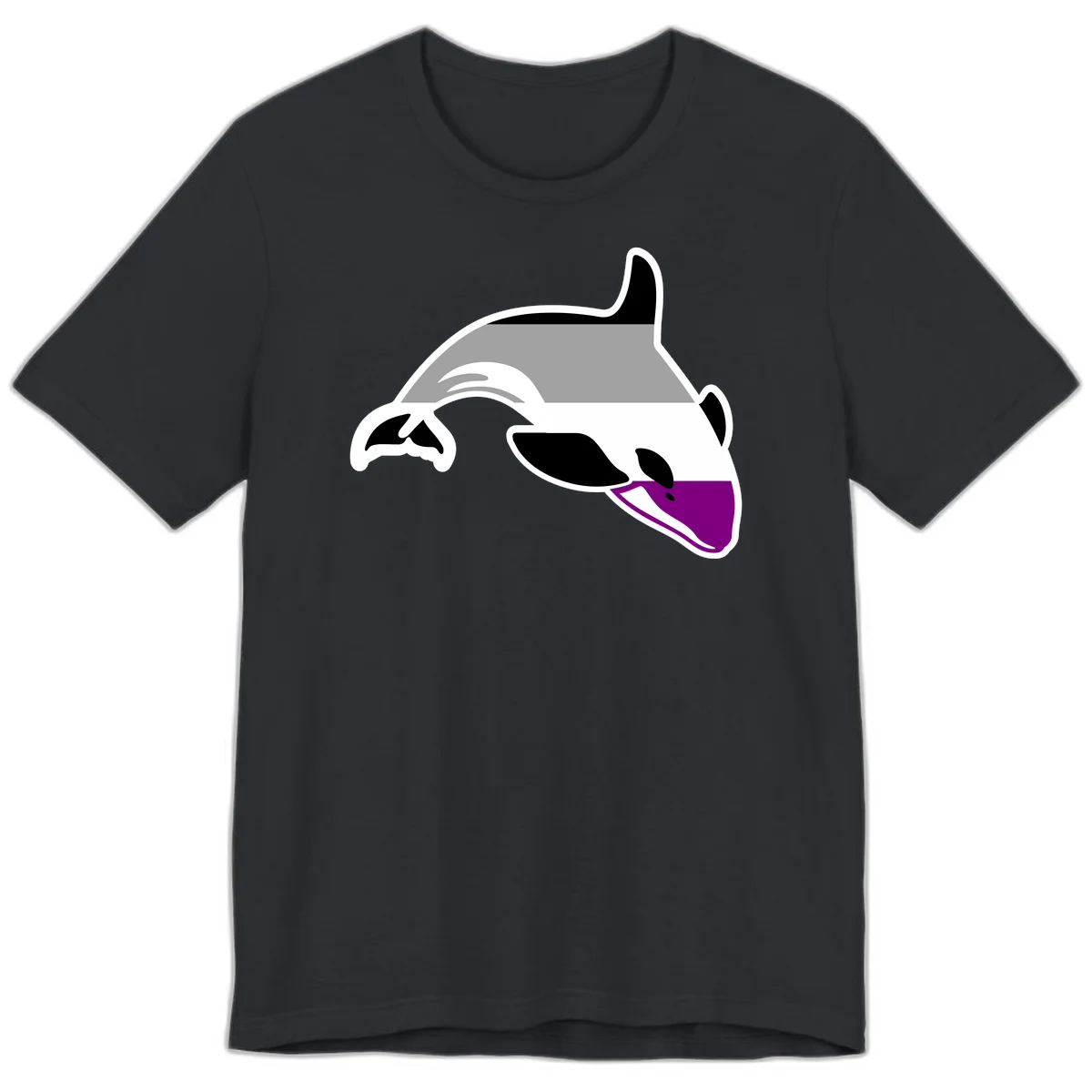 Minimalist line-art illustration of an orca whale in profile with white outlines, black markings, and a purple accent on the lower jaw in Vintage Black