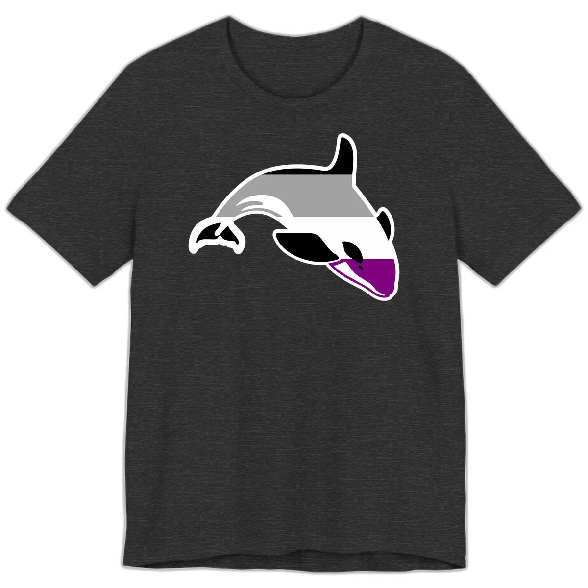 Minimalist line-art illustration of an orca whale in profile with white outlines, black markings, and a purple accent on the lower jaw in Dark Grey Heather