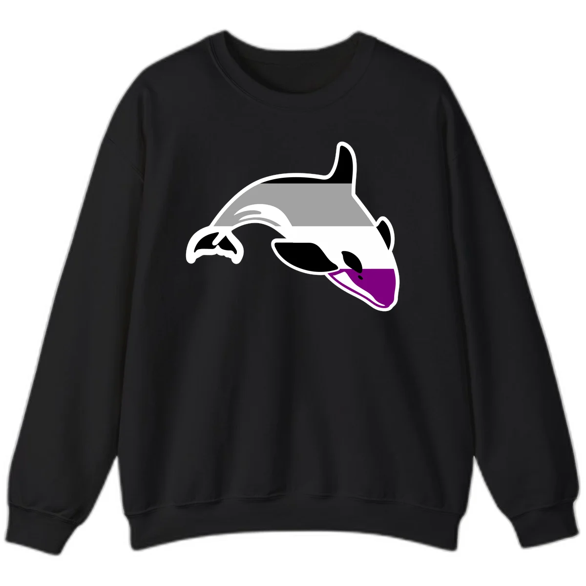 Minimalist line-art illustration of an orca whale in profile with white outlines, black markings, and a purple accent on the lower jaw in Black