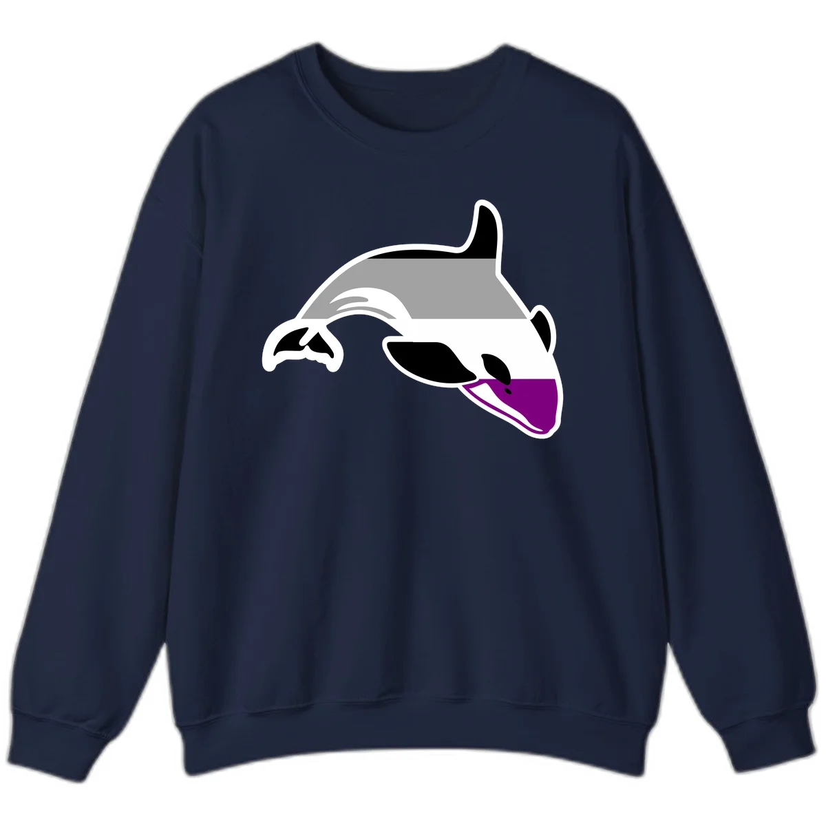 Minimalist line-art illustration of an orca whale in profile with white outlines, black markings, and a purple accent on the lower jaw in Navy