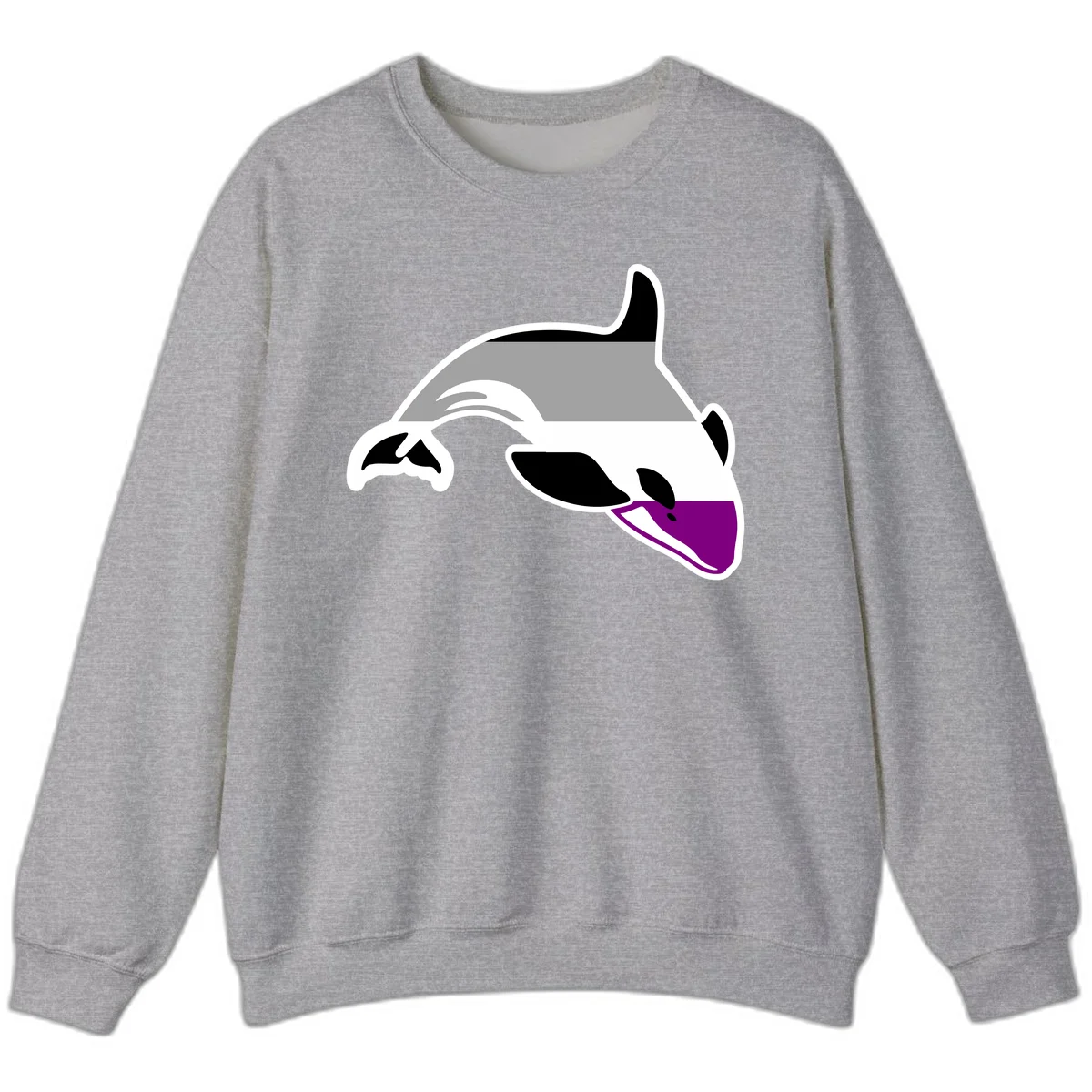 Minimalist line-art illustration of an orca whale in profile with white outlines, black markings, and a purple accent on the lower jaw in Sport Grey