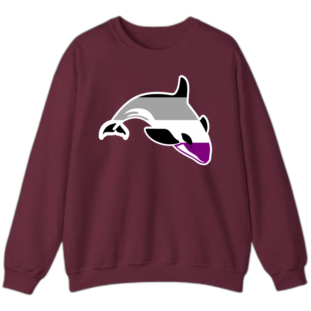 Minimalist line-art illustration of an orca whale in profile with white outlines, black markings, and a purple accent on the lower jaw in Maroon