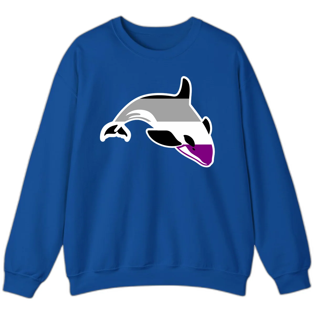 Minimalist line-art illustration of an orca whale in profile with white outlines, black markings, and a purple accent on the lower jaw in Royal