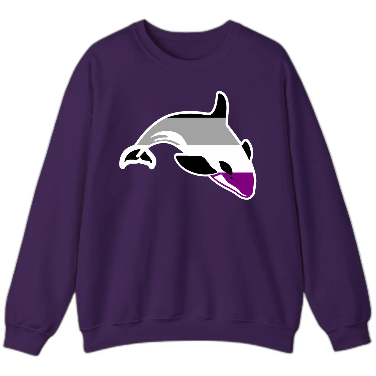 Minimalist line-art illustration of an orca whale in profile with white outlines, black markings, and a purple accent on the lower jaw in Purple
