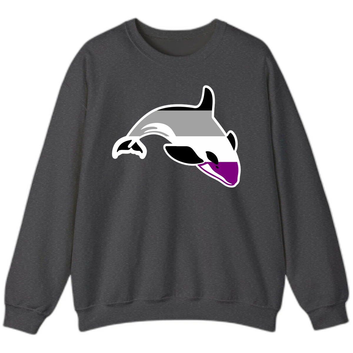 Minimalist line-art illustration of an orca whale in profile with white outlines, black markings, and a purple accent on the lower jaw in Dark Heather