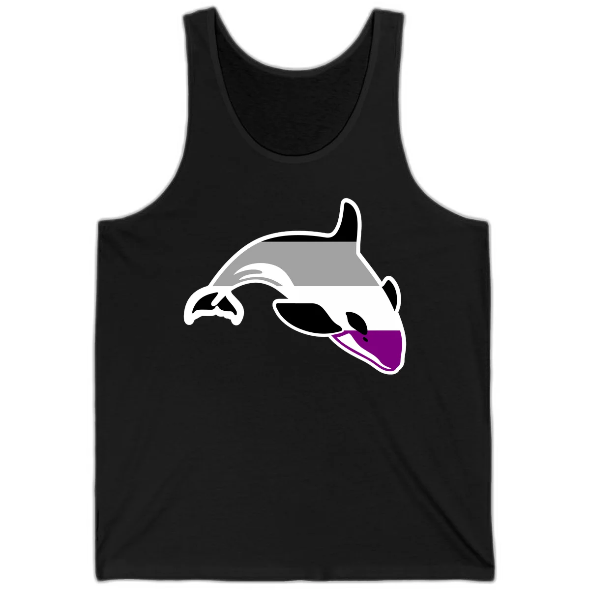 Minimalist line-art illustration of an orca whale in profile with white outlines, black markings, and a purple accent on the lower jaw in Black