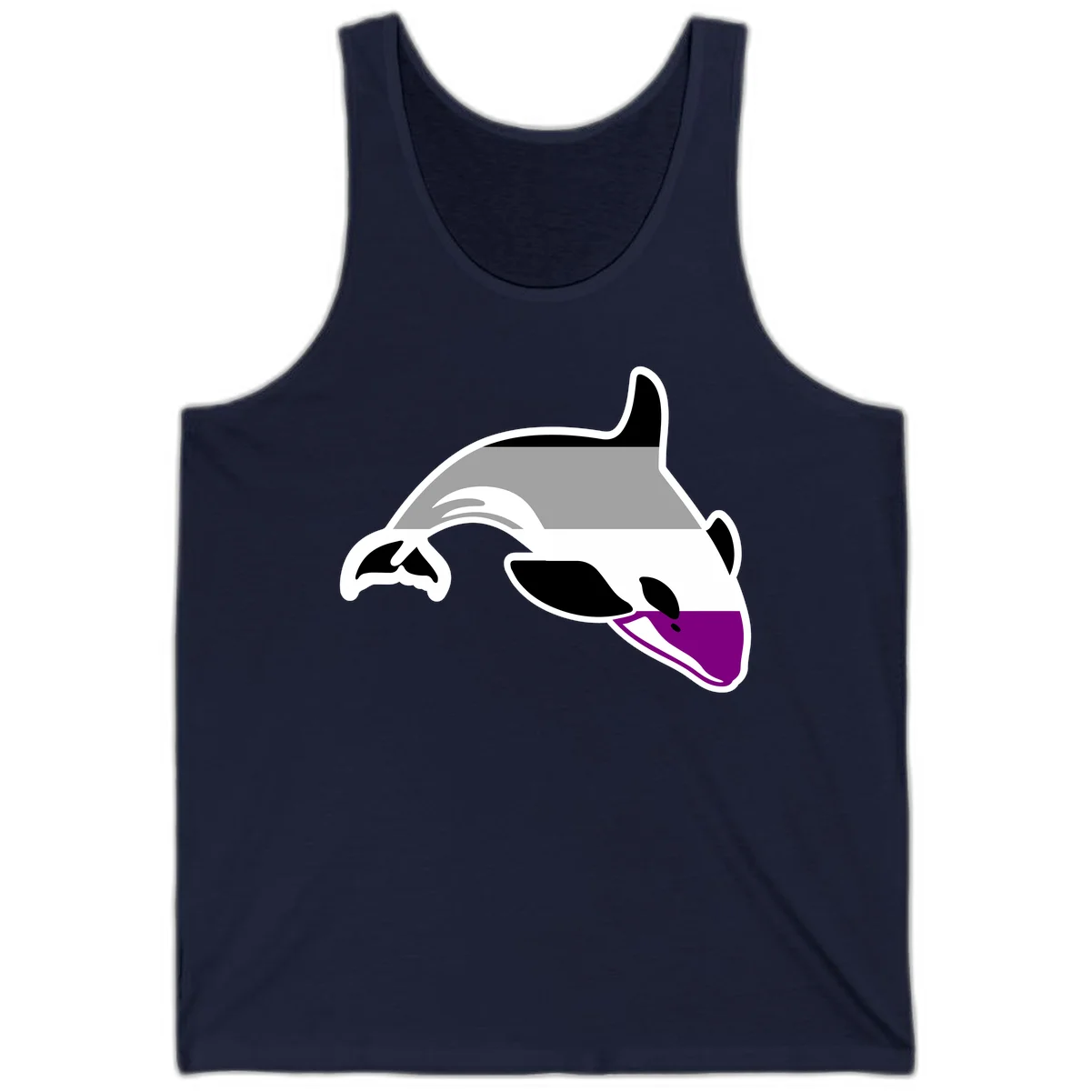 Minimalist line-art illustration of an orca whale in profile with white outlines, black markings, and a purple accent on the lower jaw in Navy