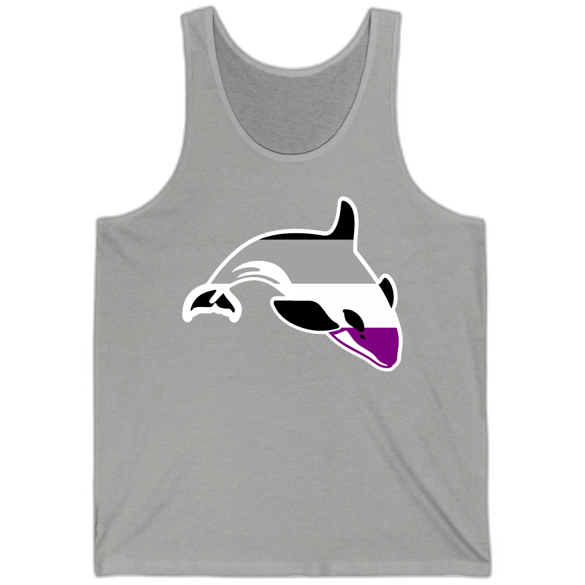 Minimalist line-art illustration of an orca whale in profile with white outlines, black markings, and a purple accent on the lower jaw in Athletic Heather