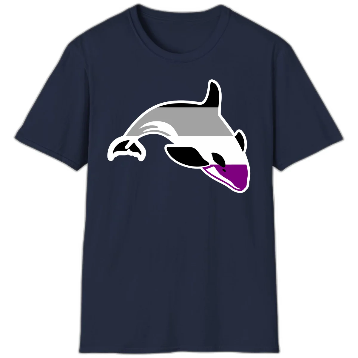 Minimalist line-art illustration of an orca whale in profile with white outlines, black markings, and a purple accent on the lower jaw in Navy