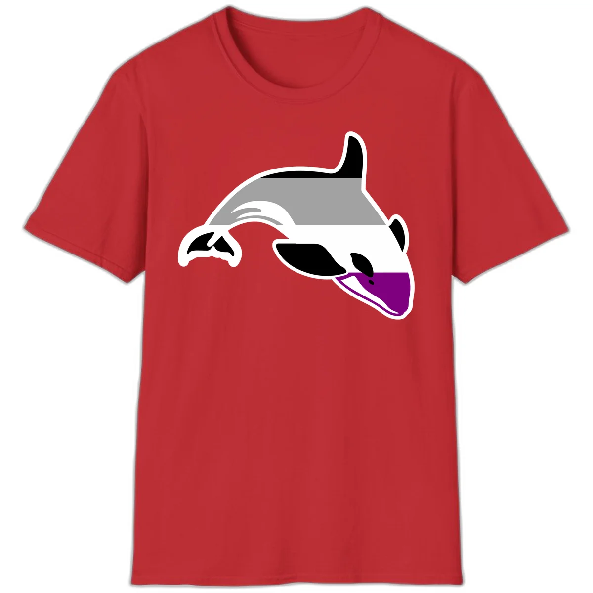 Minimalist line-art illustration of an orca whale in profile with white outlines, black markings, and a purple accent on the lower jaw in Red