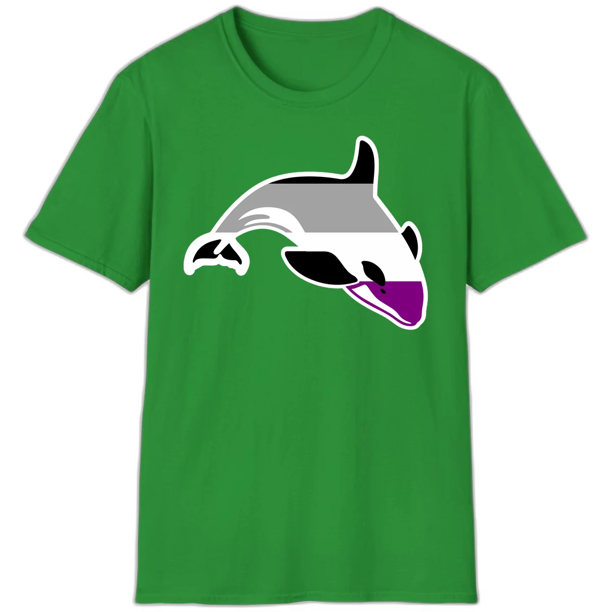Minimalist line-art illustration of an orca whale in profile with white outlines, black markings, and a purple accent on the lower jaw in Irish Green