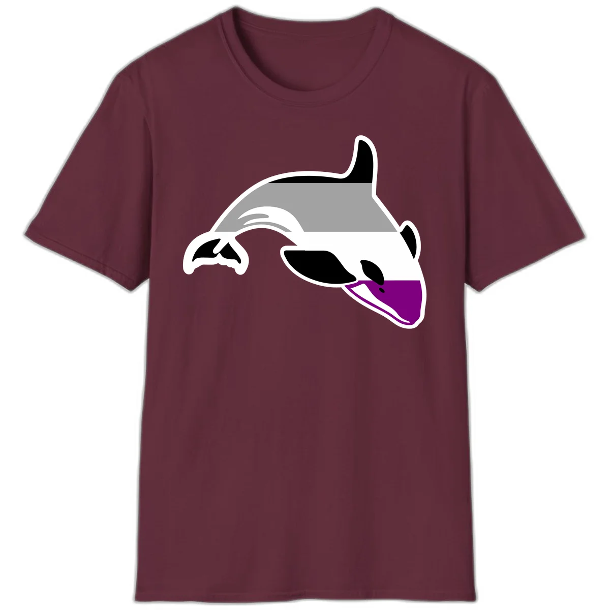 Minimalist line-art illustration of an orca whale in profile with white outlines, black markings, and a purple accent on the lower jaw in Maroon