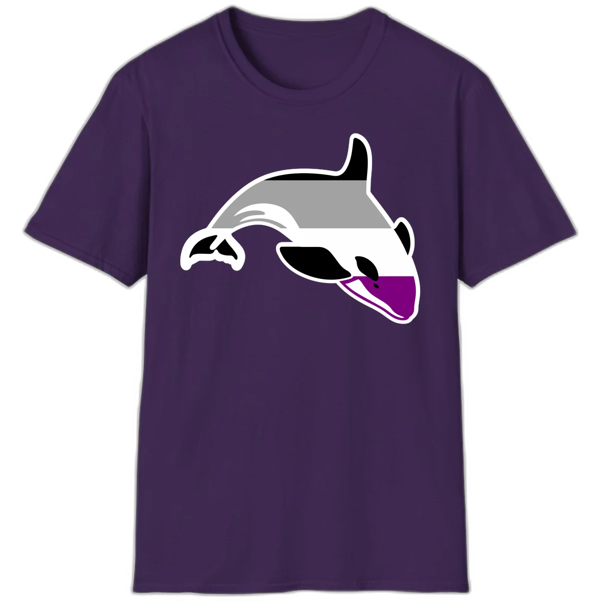 Minimalist line-art illustration of an orca whale in profile with white outlines, black markings, and a purple accent on the lower jaw in Purple