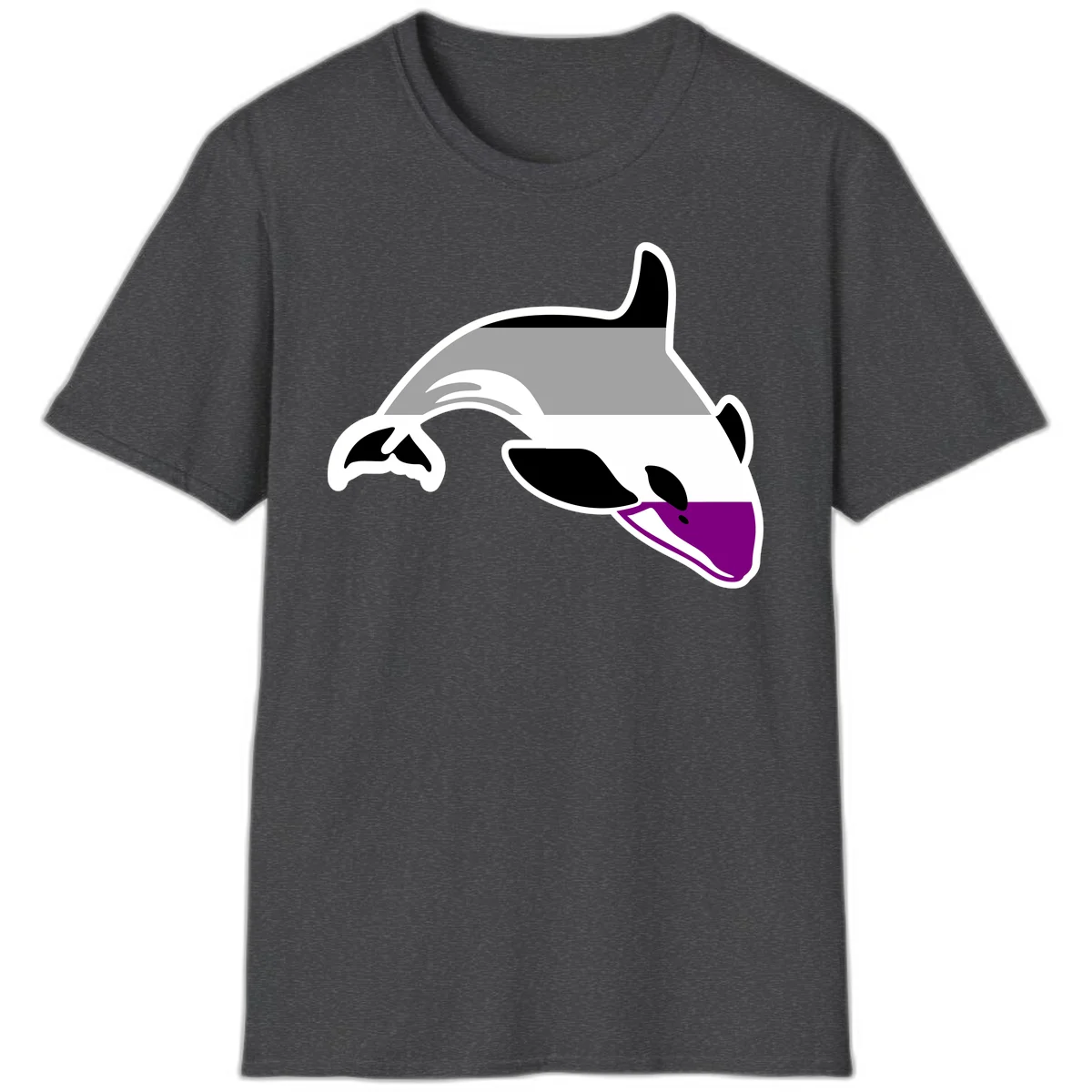 Minimalist line-art illustration of an orca whale in profile with white outlines, black markings, and a purple accent on the lower jaw in Dark Heather