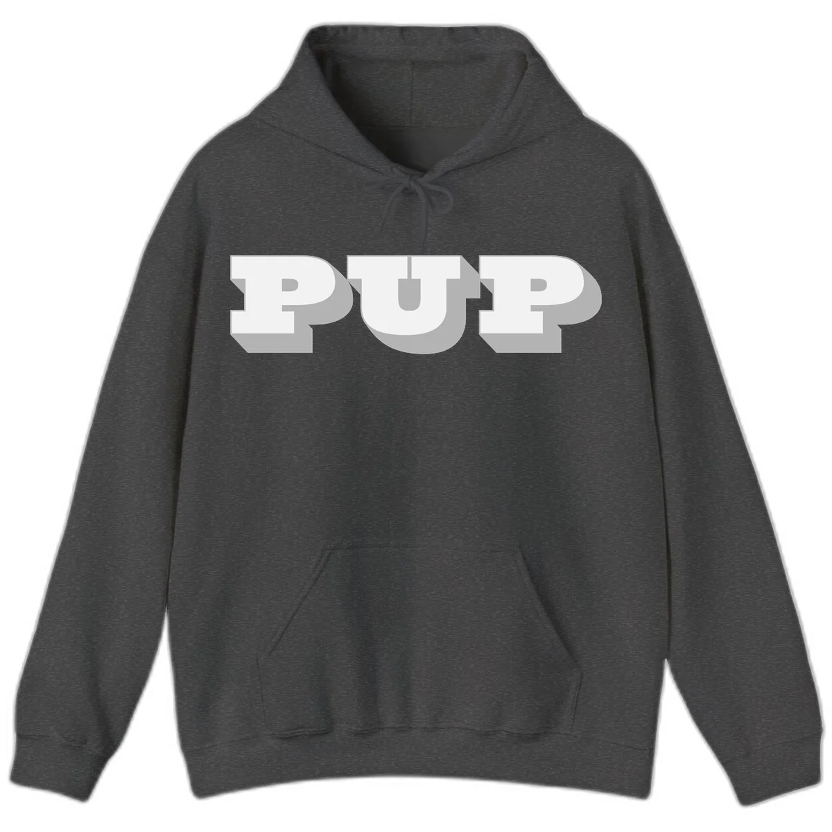 Bold 3D puff typography spelling 'PUFF' with dimensional shadow effect on gray background in Dark Heather