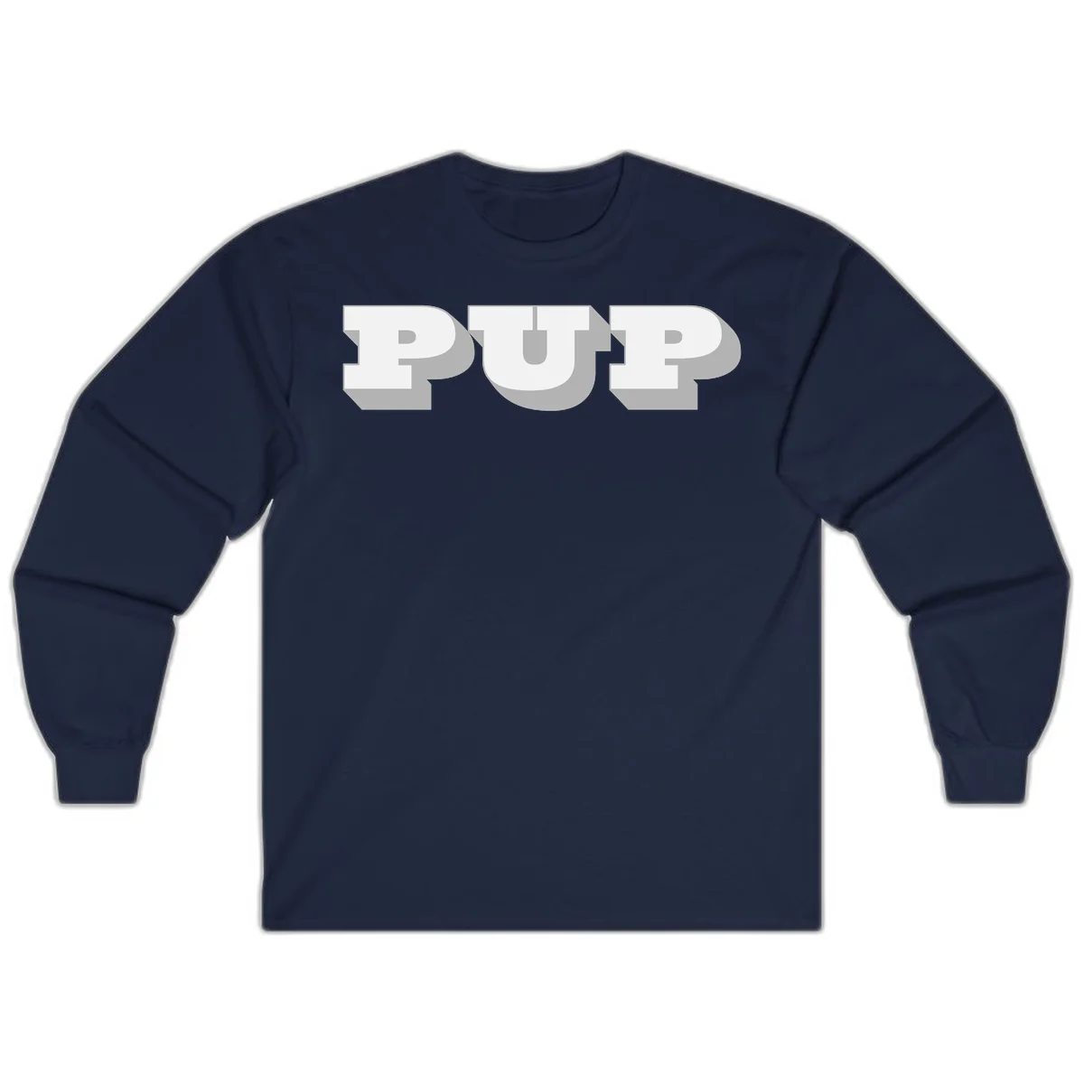 Bold 3D puff typography spelling 'PUFF' with dimensional shadow effect on gray background in Navy