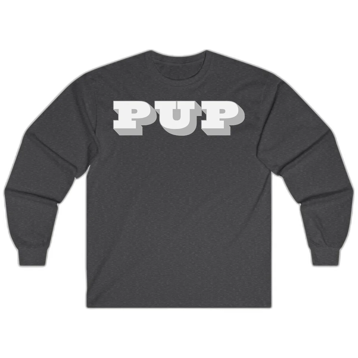 Bold 3D puff typography spelling 'PUFF' with dimensional shadow effect on gray background in Dark Heather